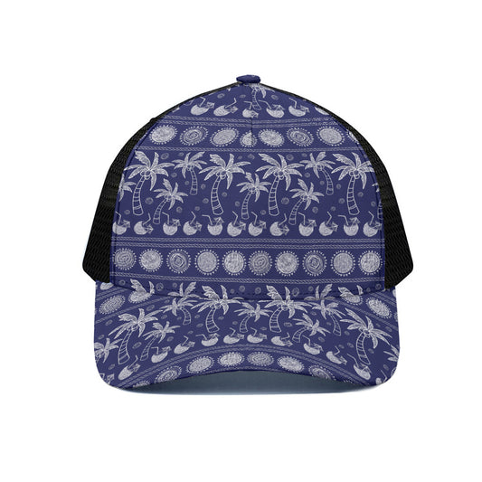 Blue Summer Coconut Pattern Print Black Mesh Trucker Cap