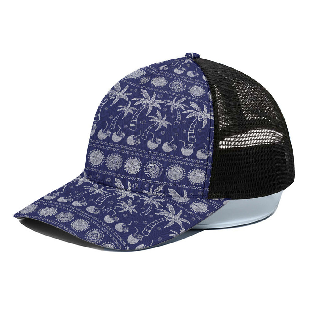 Blue Summer Coconut Pattern Print Black Mesh Trucker Cap