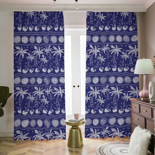 Blue Summer Coconut Pattern Print Blackout Pencil Pleat Curtains