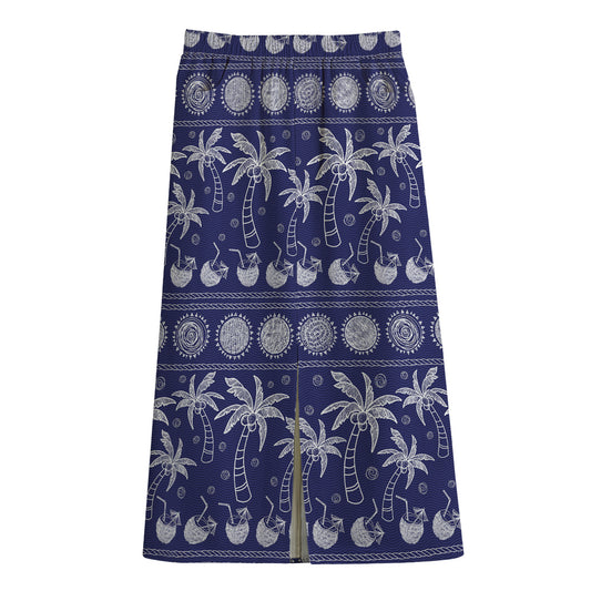 Blue Summer Coconut Pattern Print Cotton Front Slit Maxi Skirt