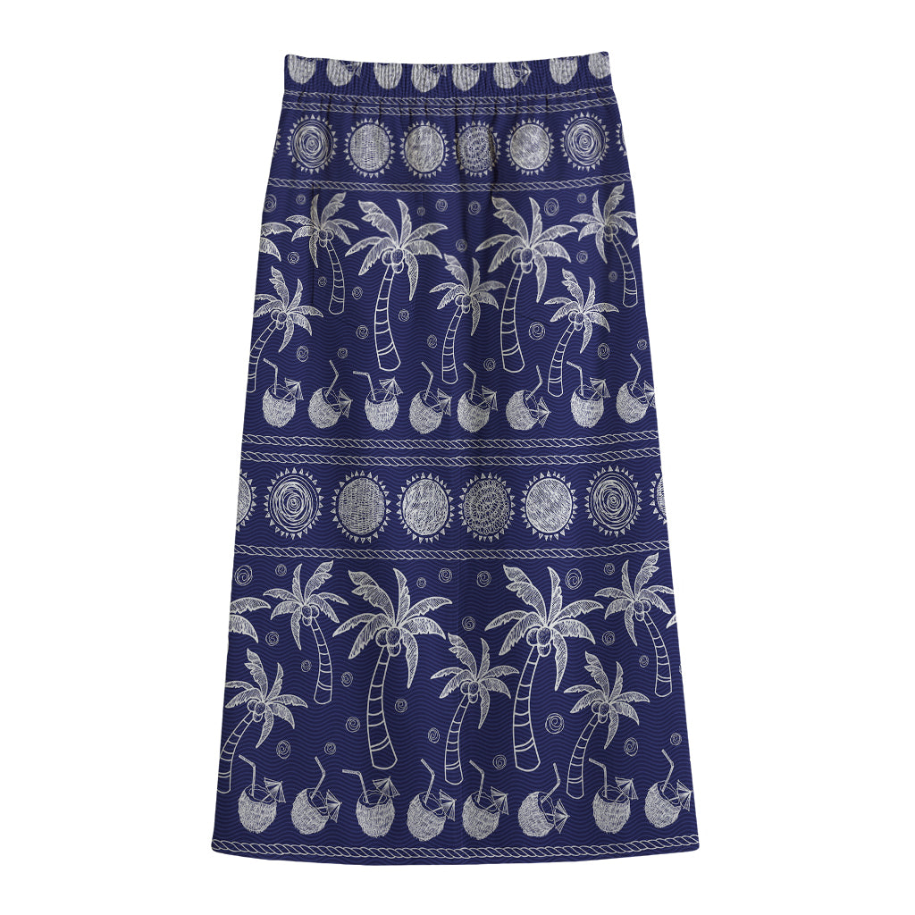 Blue Summer Coconut Pattern Print Cotton Front Slit Maxi Skirt