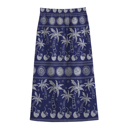 Blue Summer Coconut Pattern Print Cotton Front Slit Maxi Skirt