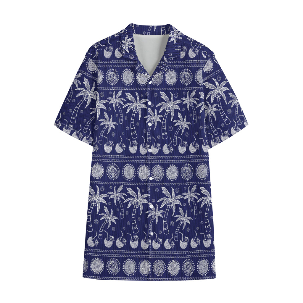Blue Summer Coconut Pattern Print Cotton Hawaiian Shirt