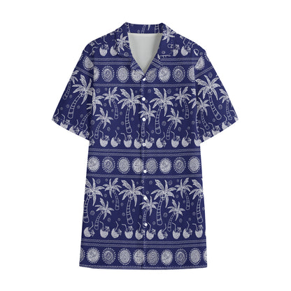 Blue Summer Coconut Pattern Print Cotton Hawaiian Shirt