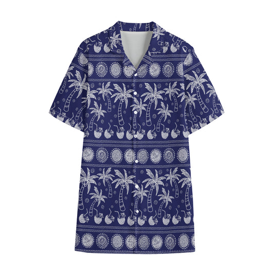 Blue Summer Coconut Pattern Print Cotton Hawaiian Shirt