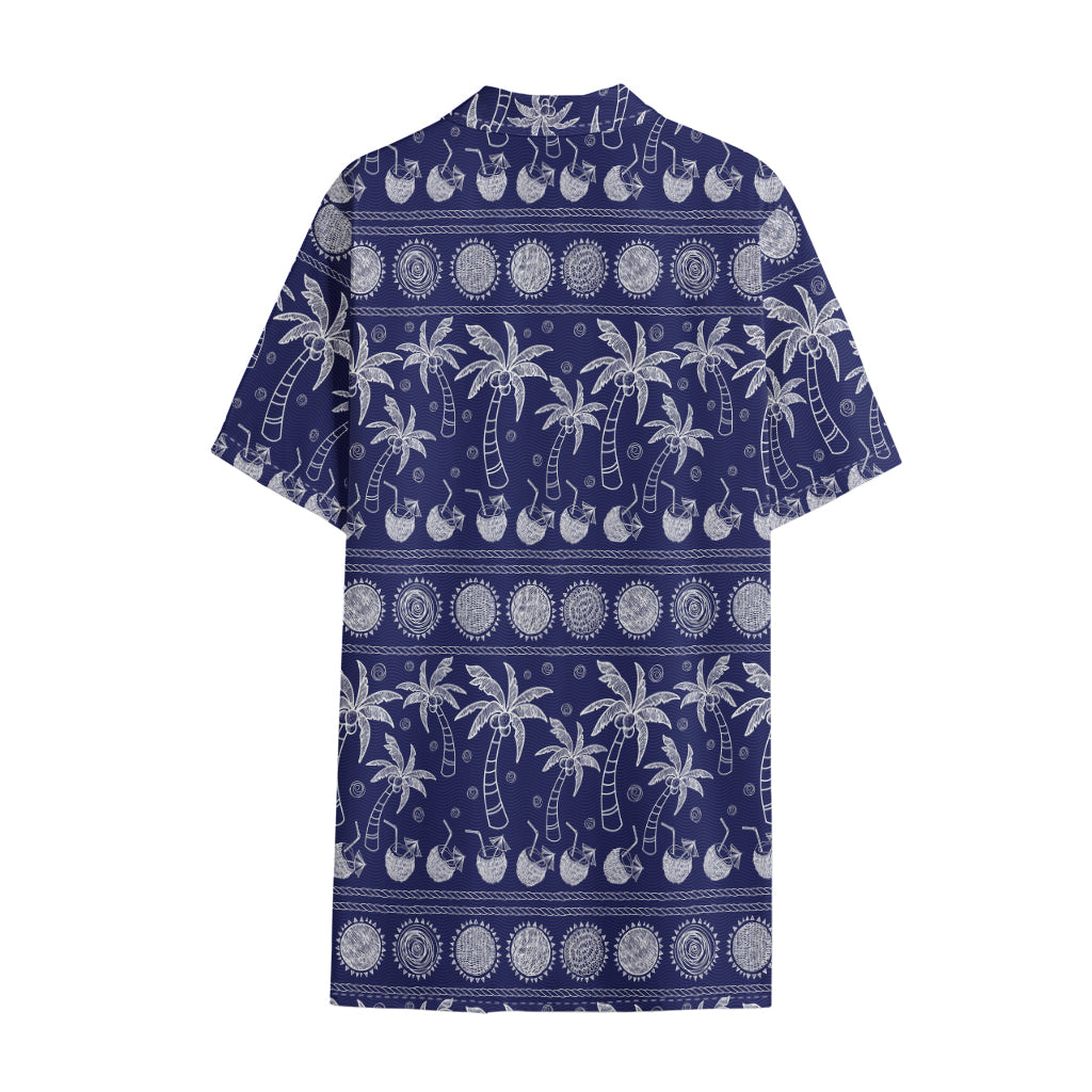 Blue Summer Coconut Pattern Print Cotton Hawaiian Shirt