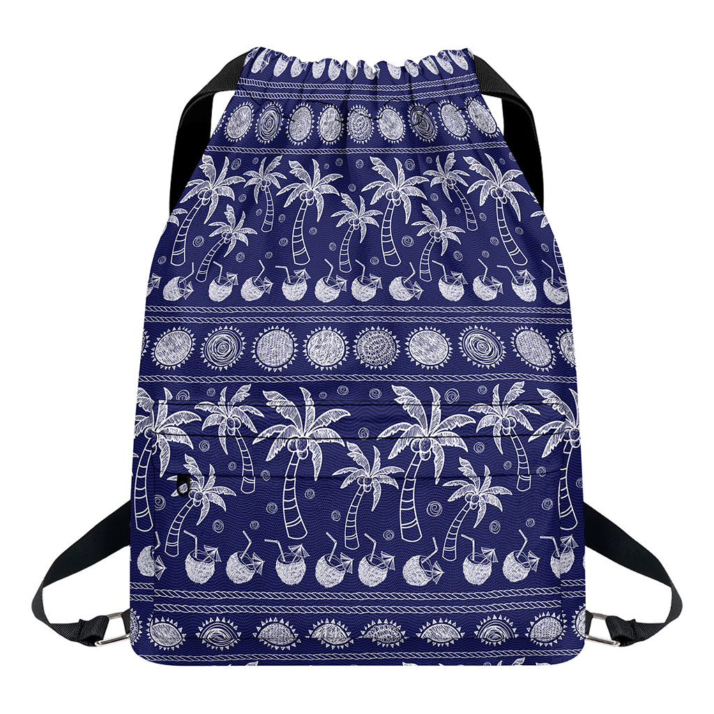 Blue Summer Coconut Pattern Print Drawstring Backpack