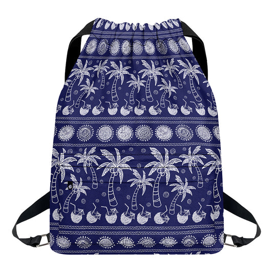 Blue Summer Coconut Pattern Print Drawstring Backpack