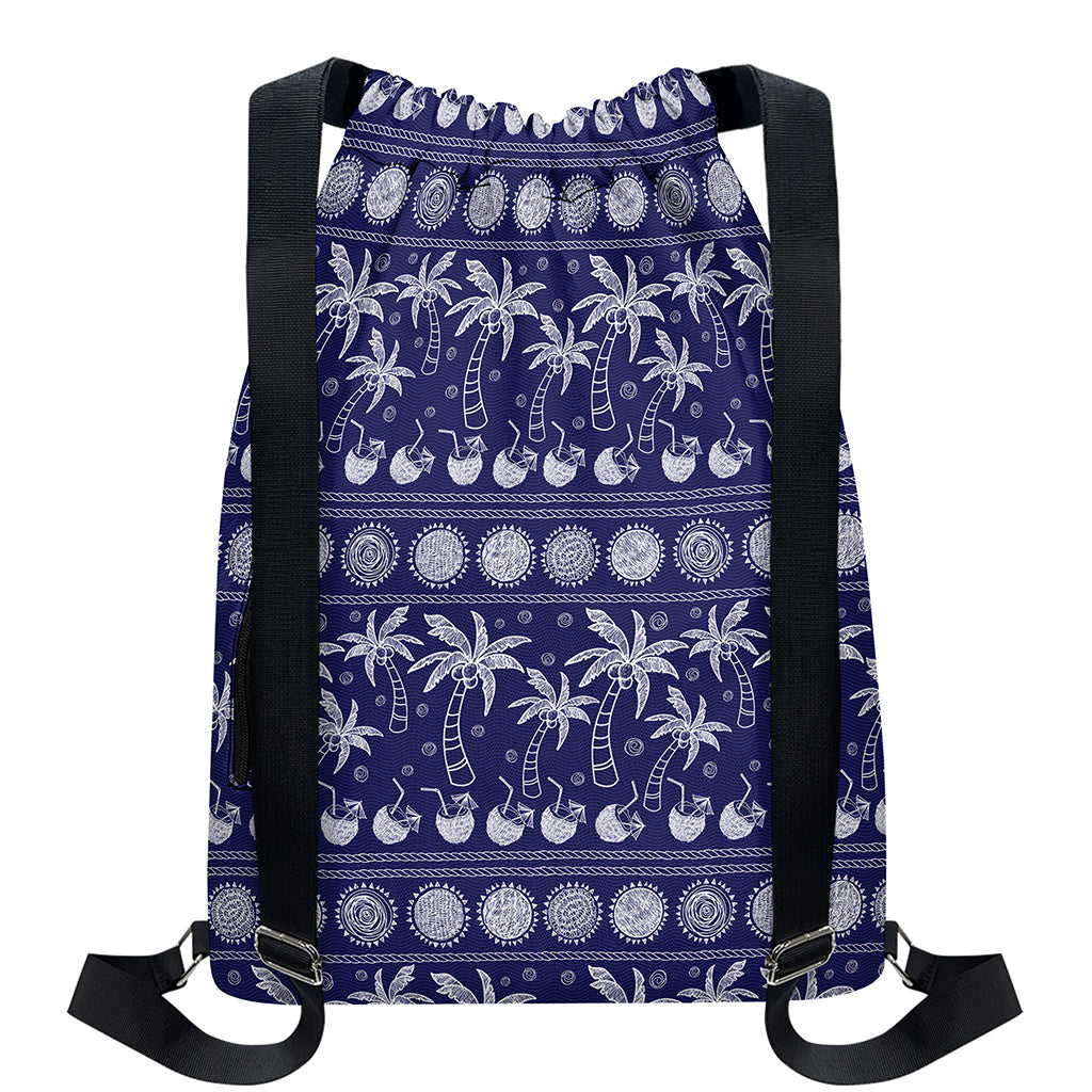 Blue Summer Coconut Pattern Print Drawstring Backpack