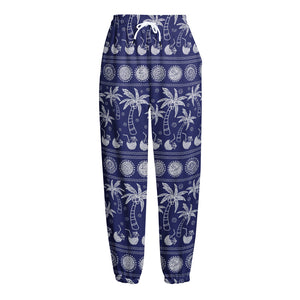 Blue Summer Coconut Pattern Print Fleece Lined Knit Pants