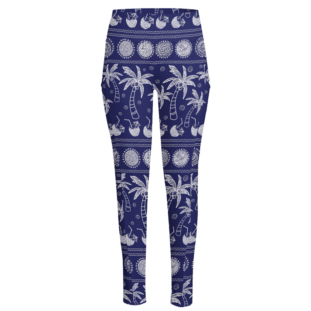 Blue Summer Coconut Pattern Print High-Waisted Pocket Leggings
