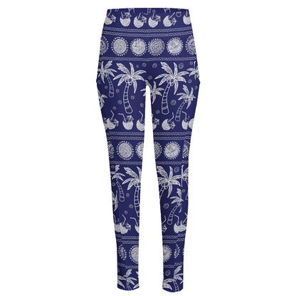 Blue Summer Coconut Pattern Print High-Waisted Pocket Leggings