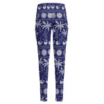 Blue Summer Coconut Pattern Print High-Waisted Pocket Leggings