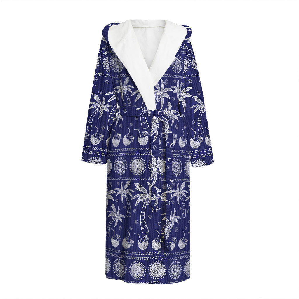 Blue Summer Coconut Pattern Print Hooded Bathrobe