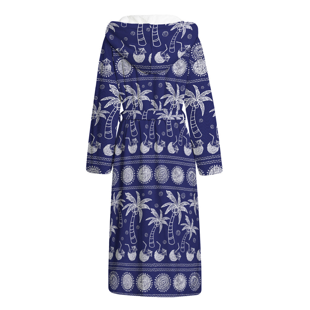Blue Summer Coconut Pattern Print Hooded Bathrobe