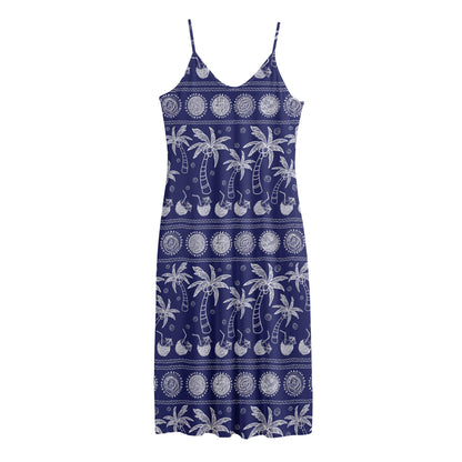Blue Summer Coconut Pattern Print Jersey Midi Cami Dress