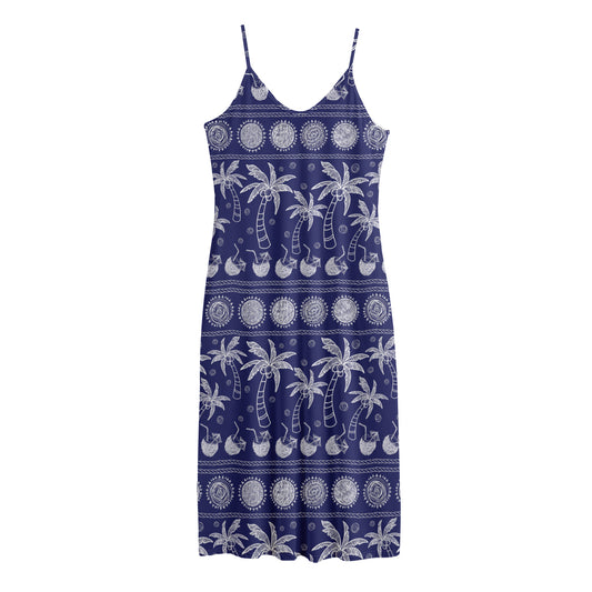 Blue Summer Coconut Pattern Print Jersey Midi Cami Dress
