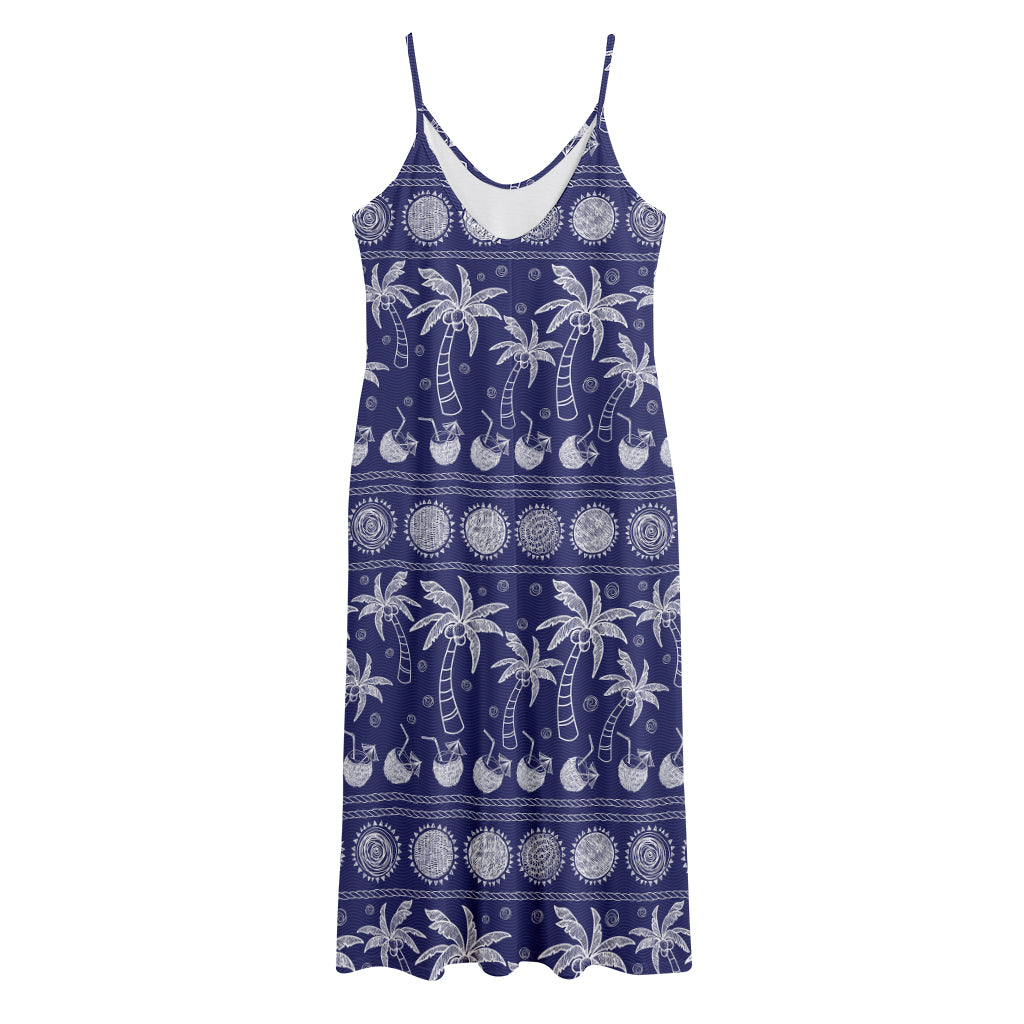 Blue Summer Coconut Pattern Print Jersey Midi Cami Dress
