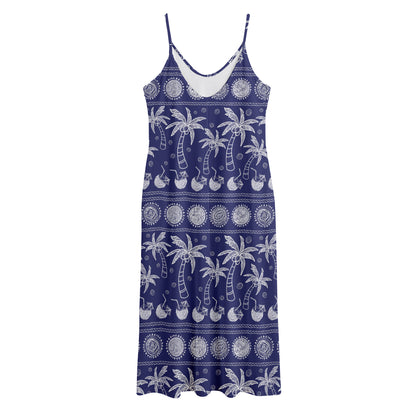 Blue Summer Coconut Pattern Print Jersey Midi Cami Dress