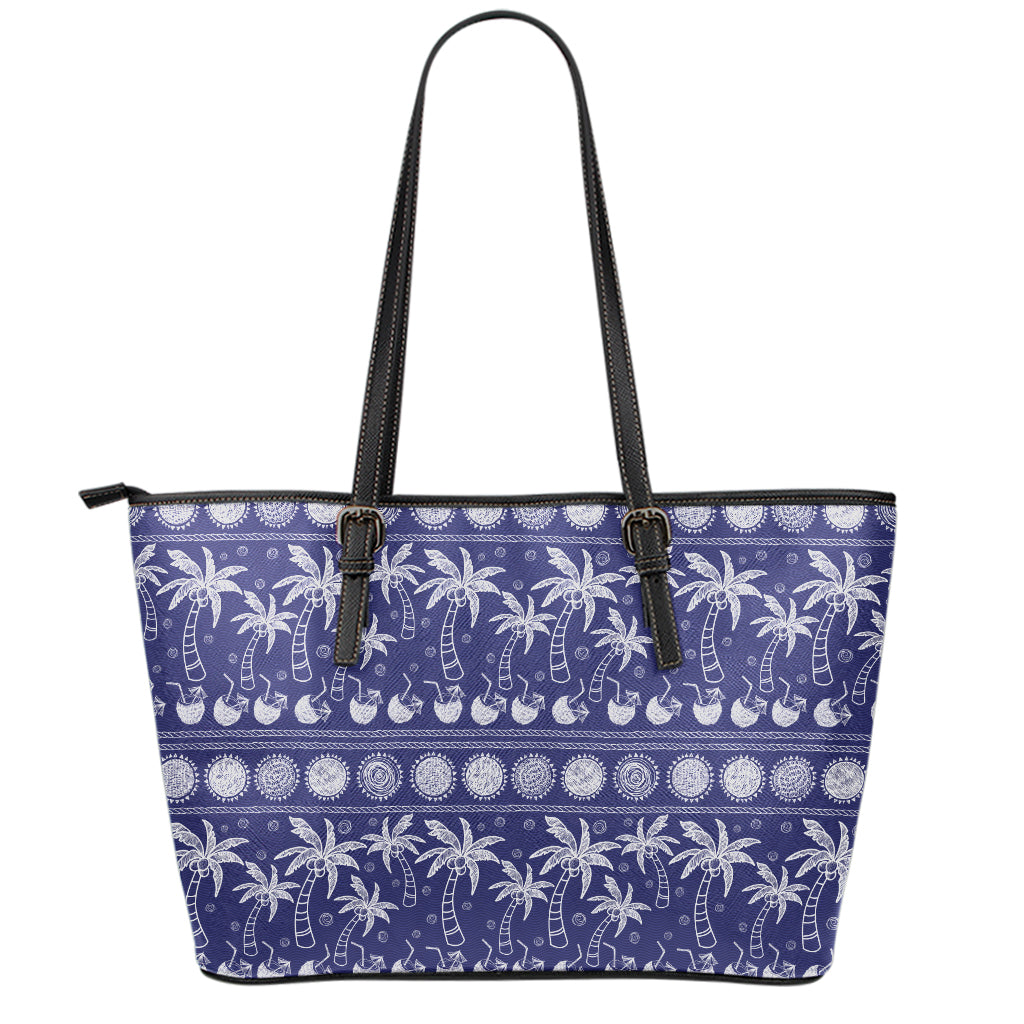 Blue Summer Coconut Pattern Print Leather Tote Bag