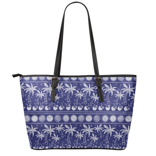 Blue Summer Coconut Pattern Print Leather Tote Bag