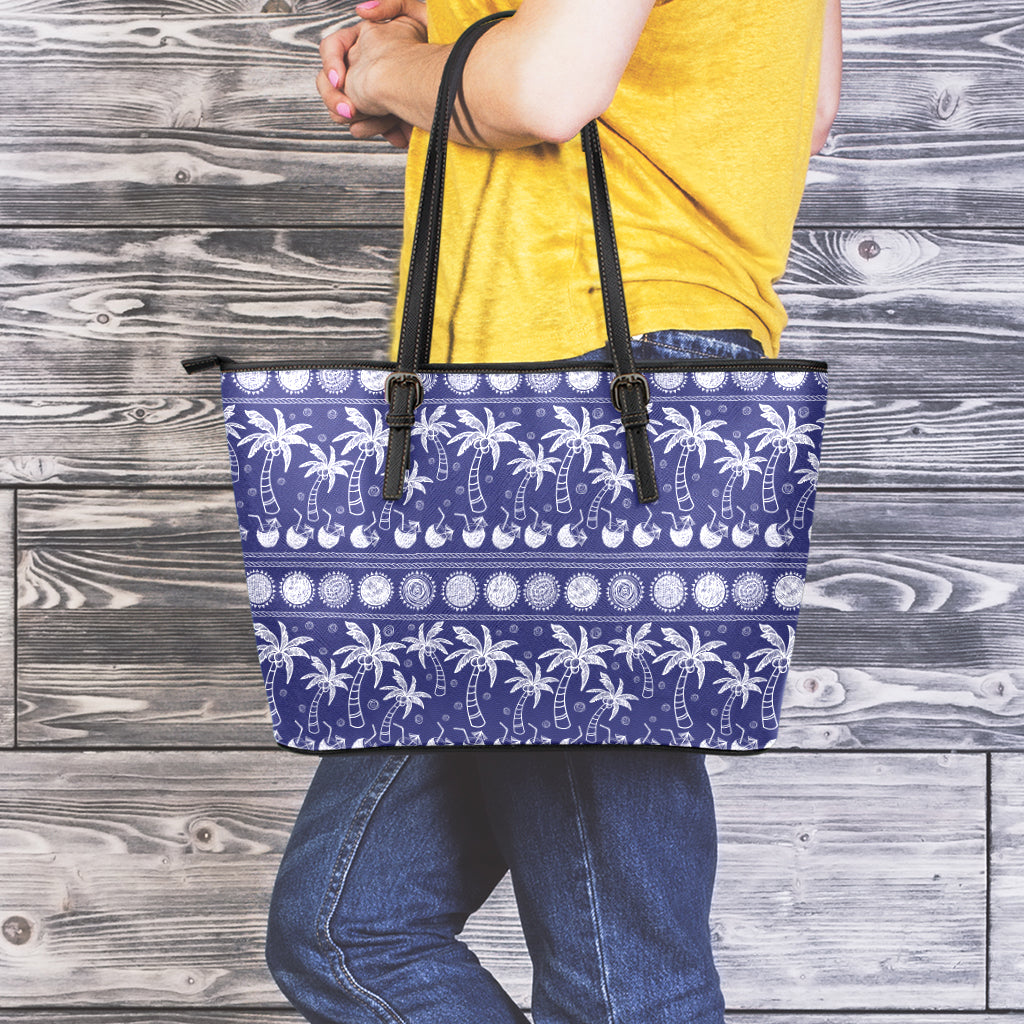 Blue Summer Coconut Pattern Print Leather Tote Bag