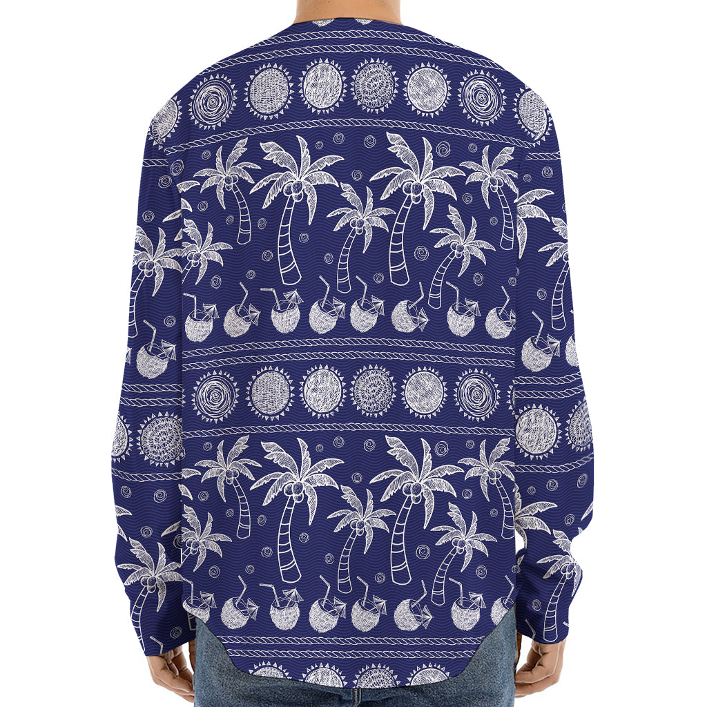 Blue Summer Coconut Pattern Print Long Sleeve Baseball Jersey