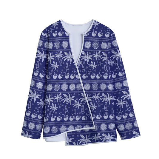 Blue Summer Coconut Pattern Print Long Sleeve Short Coat