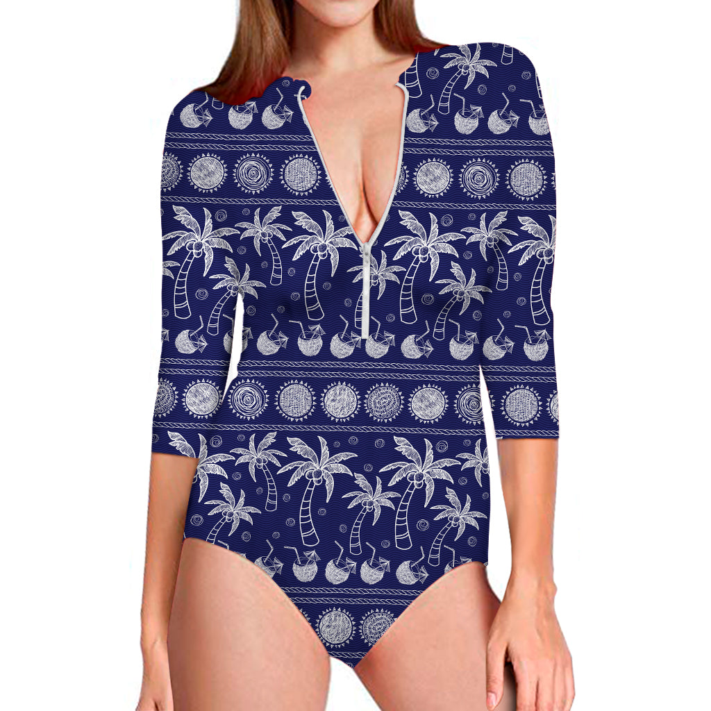 Blue Summer Coconut Pattern Print Long Sleeve Swimsuit