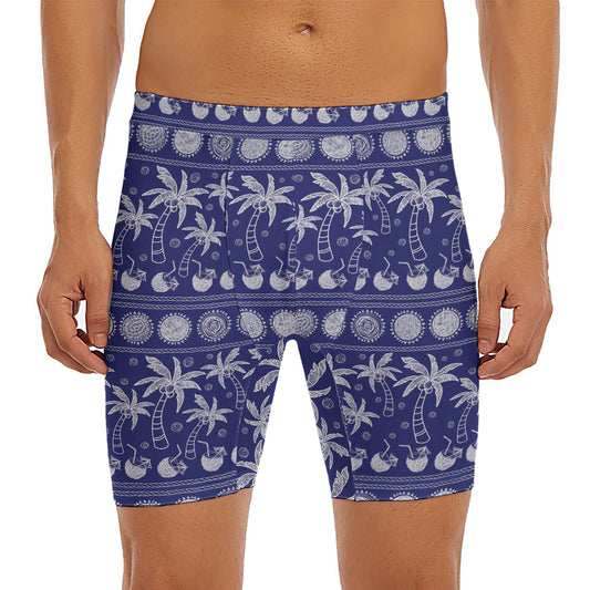 Blue Summer Coconut Pattern Print Men's Long Boxer Briefs