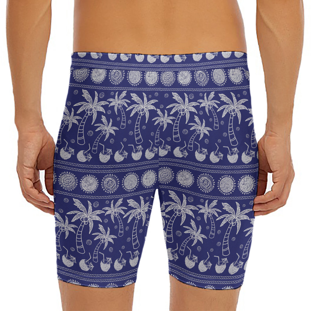 Blue Summer Coconut Pattern Print Men's Long Boxer Briefs