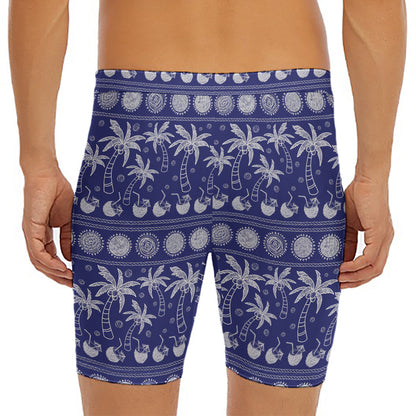 Blue Summer Coconut Pattern Print Men's Long Boxer Briefs