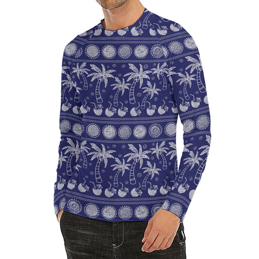 Blue Summer Coconut Pattern Print Men's Long Sleeve Rash Guard