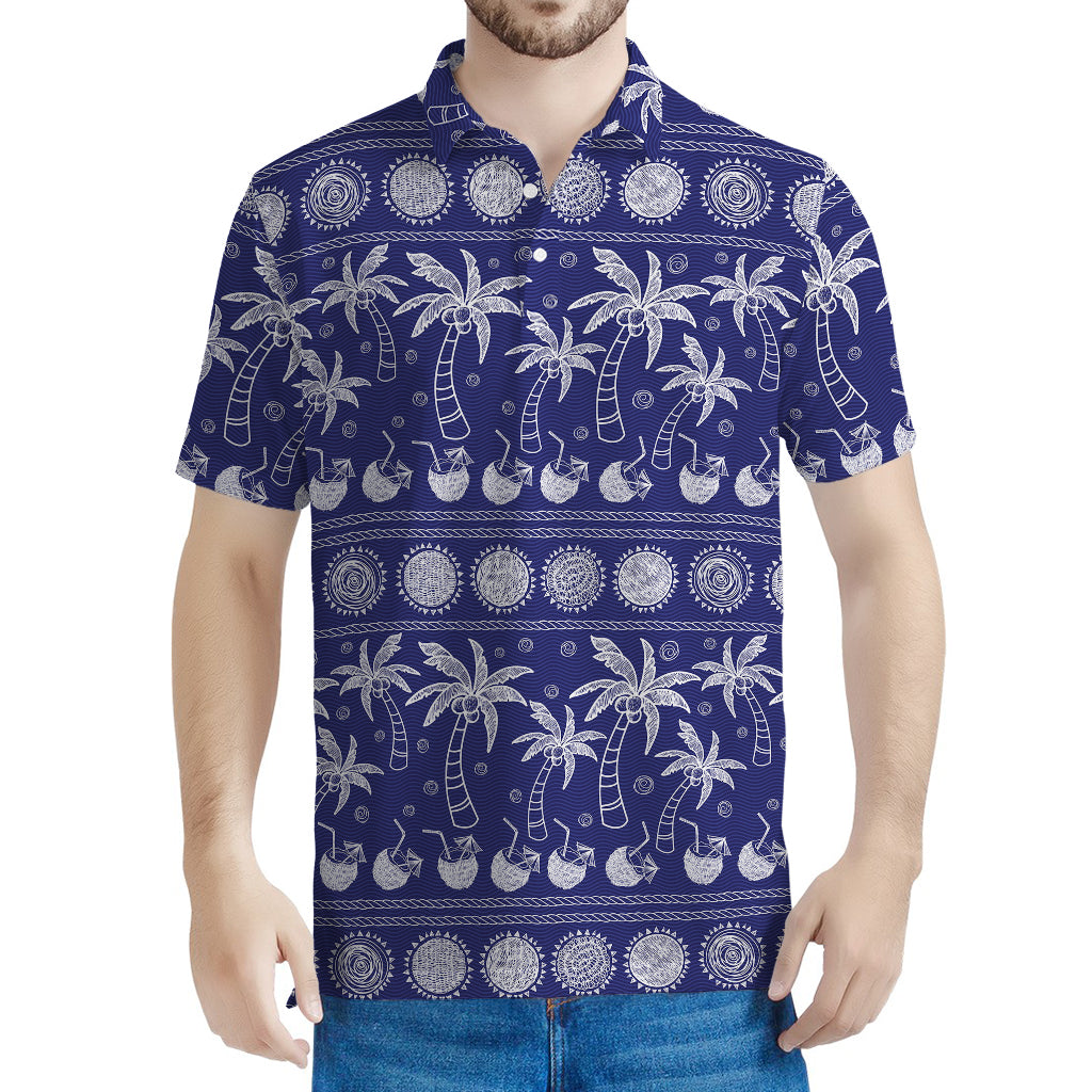 Blue Summer Coconut Pattern Print Men's Polo Shirt