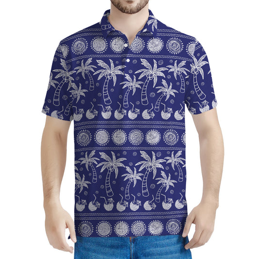 Blue Summer Coconut Pattern Print Men's Polo Shirt