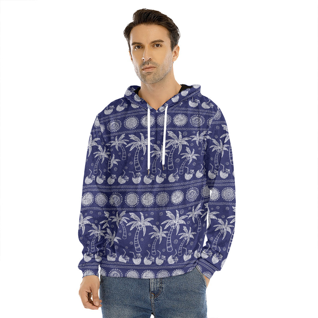 Blue Summer Coconut Pattern Print Men's Velvet Pullover Hoodie