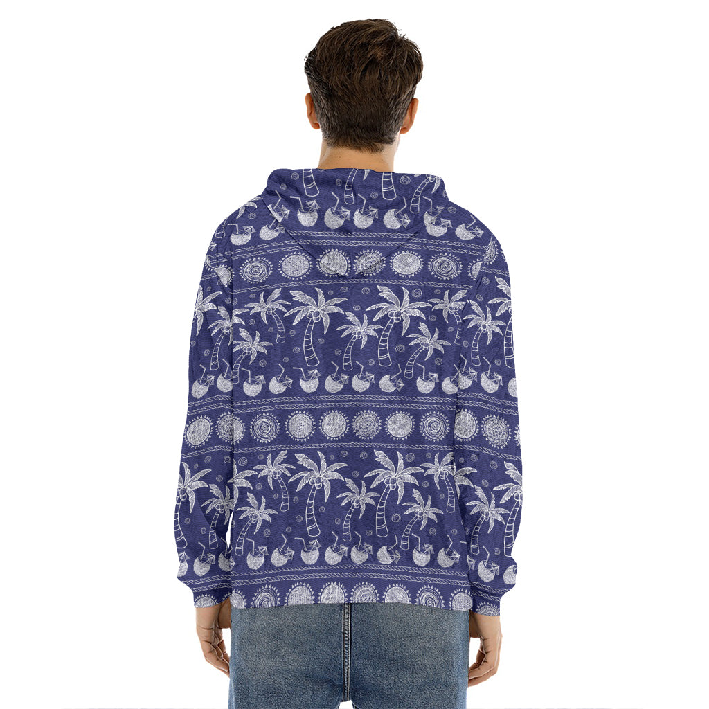Blue Summer Coconut Pattern Print Men's Velvet Pullover Hoodie