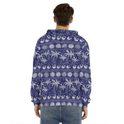 Blue Summer Coconut Pattern Print Men's Velvet Pullover Hoodie