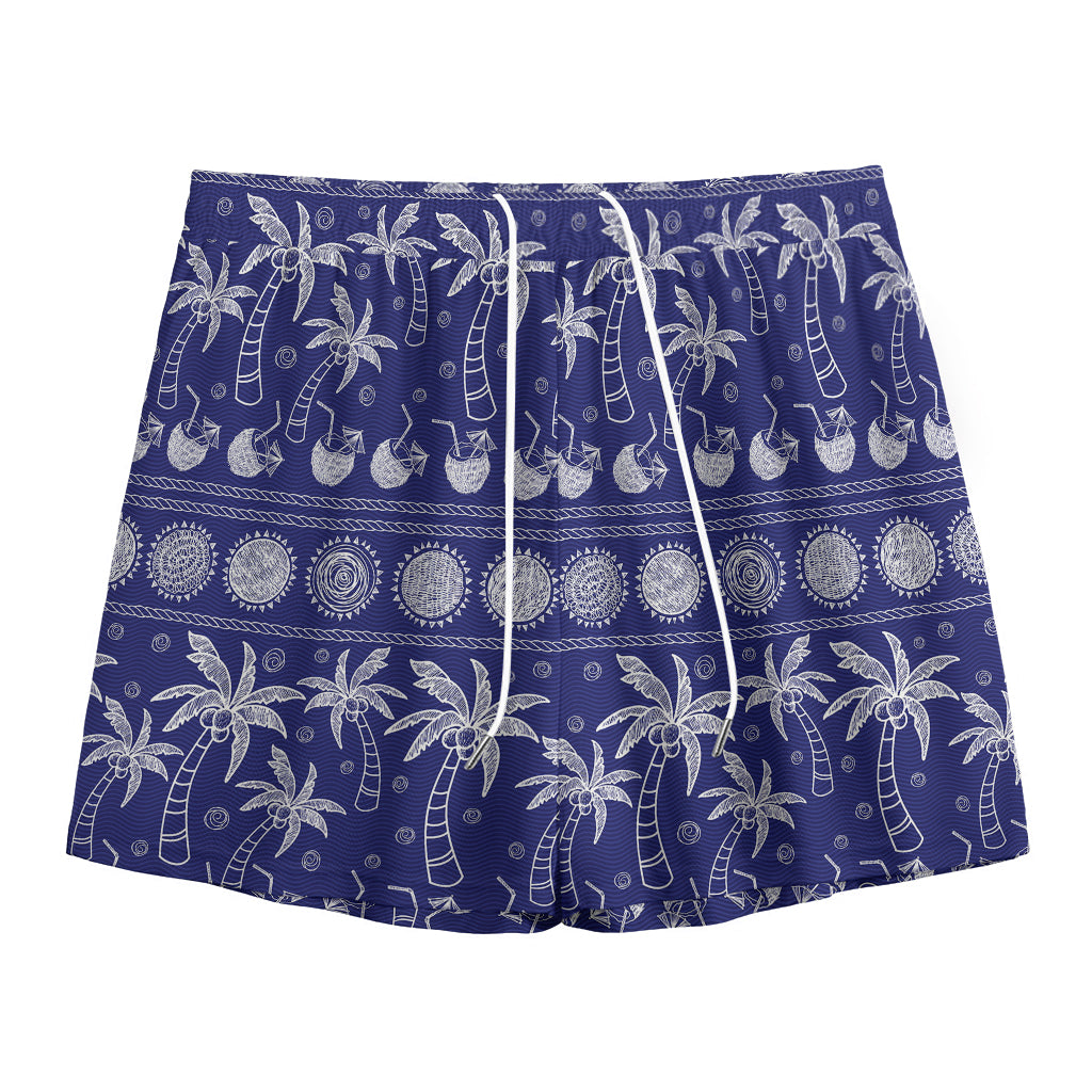 Blue Summer Coconut Pattern Print Mesh Shorts