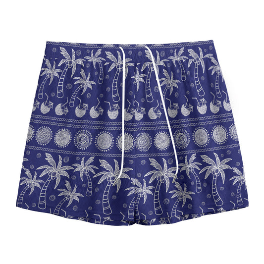 Blue Summer Coconut Pattern Print Mesh Shorts