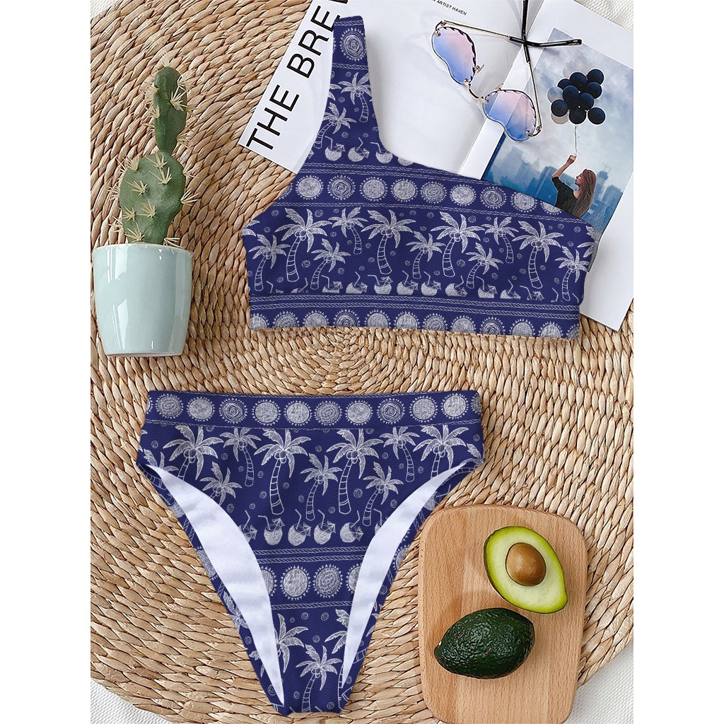 Blue Summer Coconut Pattern Print One Shoulder Bikini Top