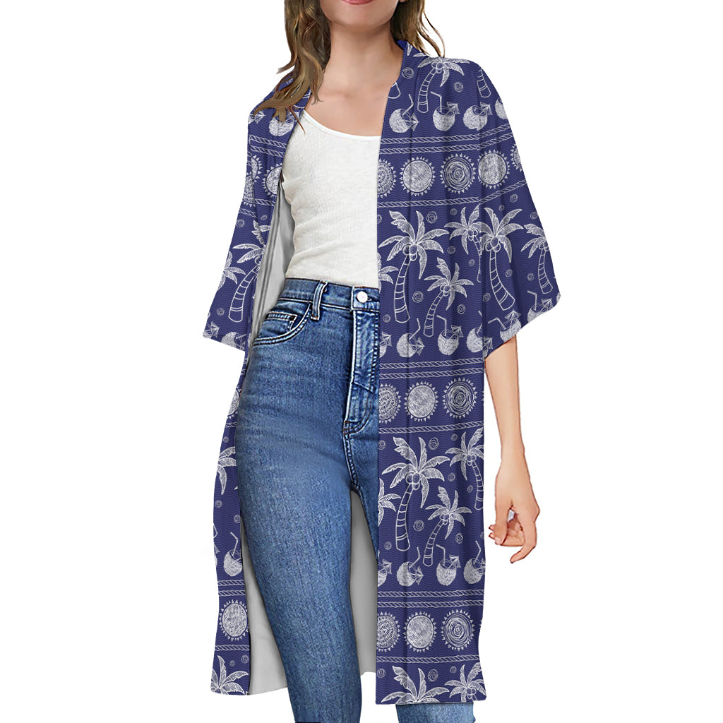 Blue Summer Coconut Pattern Print Open Front Beach Cover Up