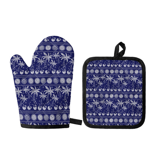 Blue Summer Coconut Pattern Print Oven Mitt And Pot Holder Set