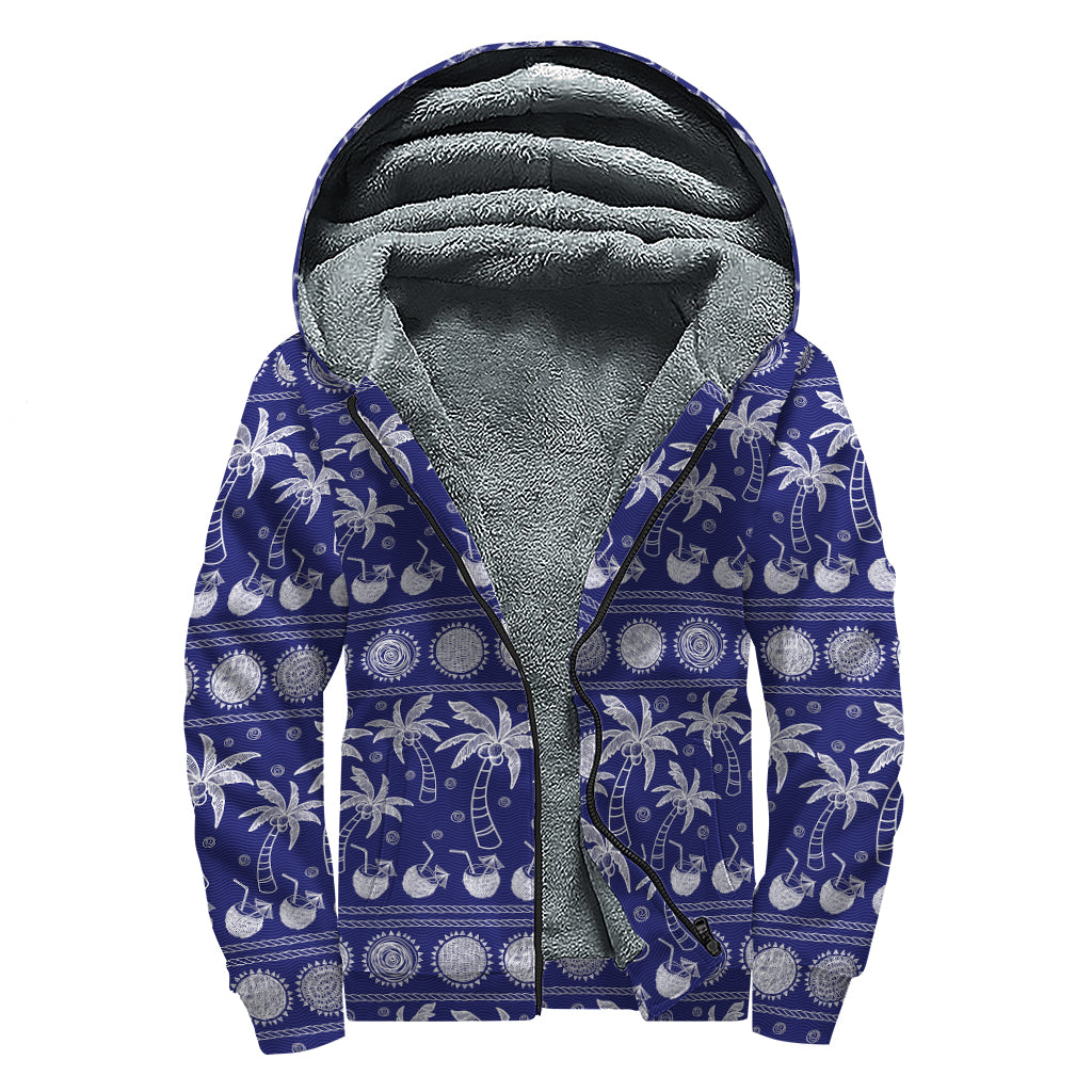 Blue Summer Coconut Pattern Print Sherpa Lined Zip Up Hoodie