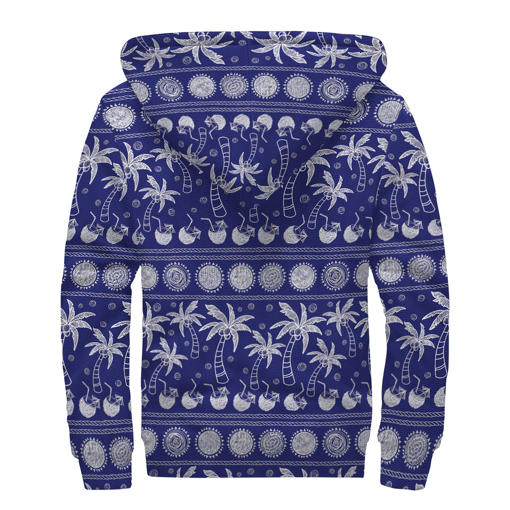Blue Summer Coconut Pattern Print Sherpa Lined Zip Up Hoodie