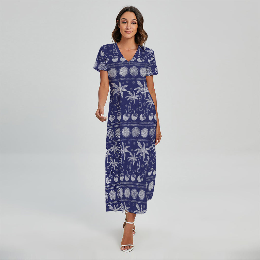 Blue Summer Coconut Pattern Print Short Sleeve Maxi Dress