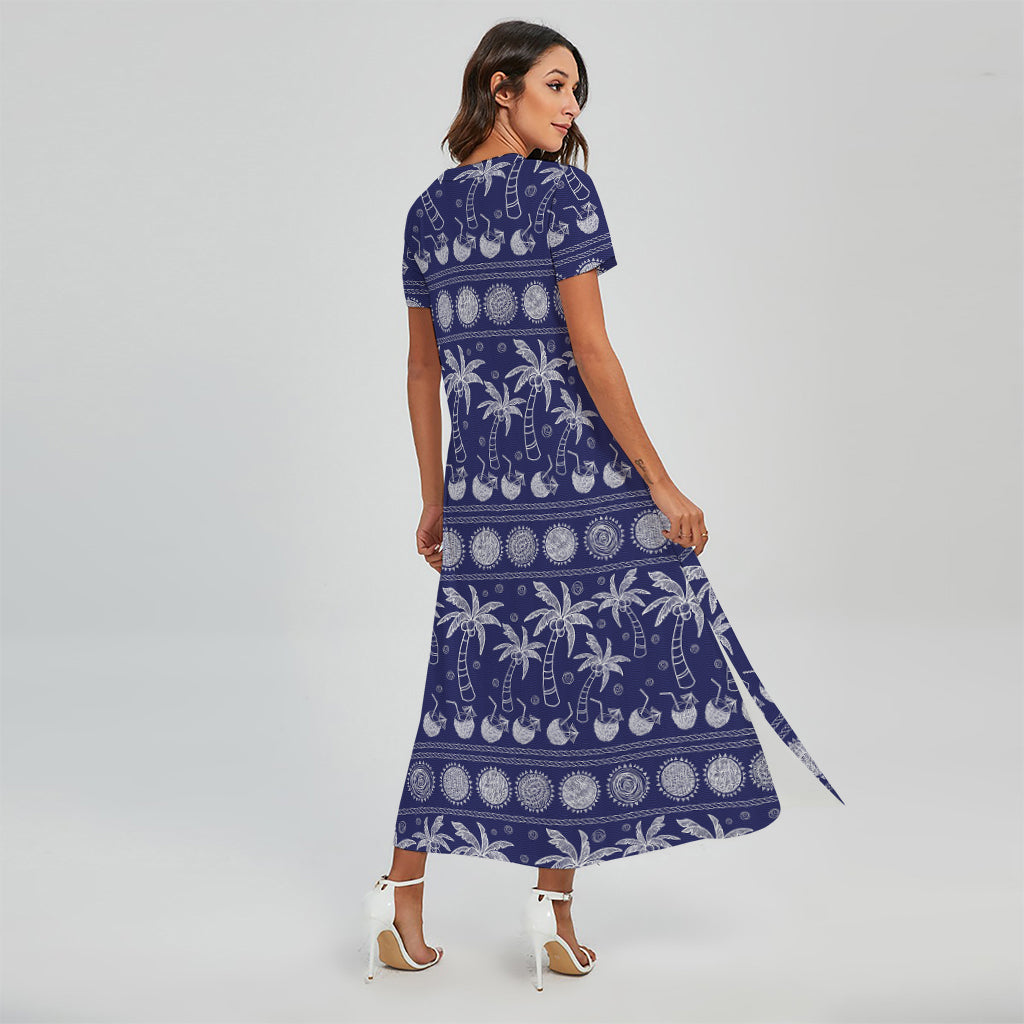 Blue Summer Coconut Pattern Print Short Sleeve Maxi Dress