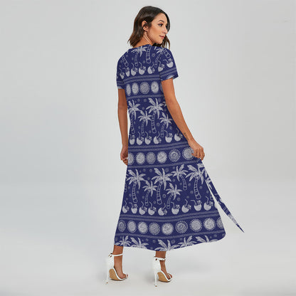 Blue Summer Coconut Pattern Print Short Sleeve Maxi Dress