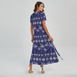 Blue Summer Coconut Pattern Print Short Sleeve Maxi Dress