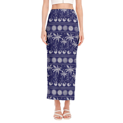Blue Summer Coconut Pattern Print Side Slit Maxi Skirt